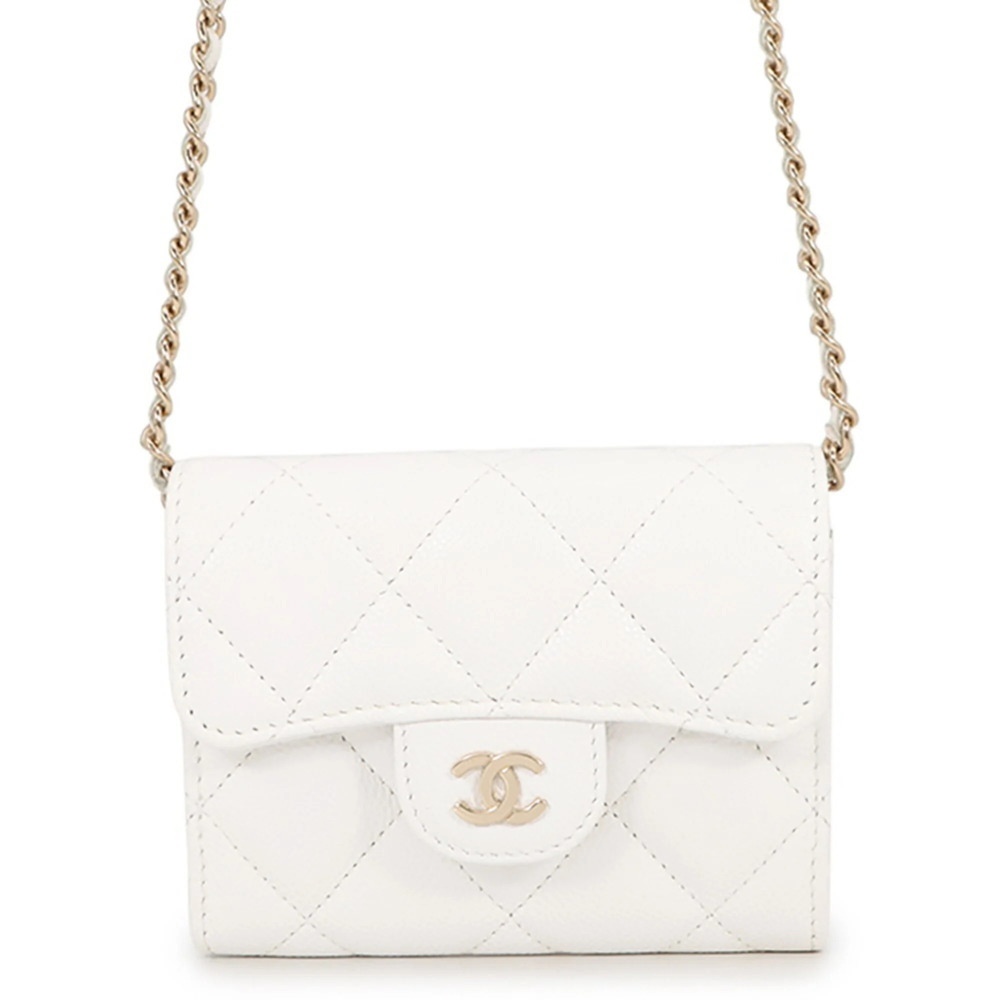CHANEL White Caviar Leather Logo Wallet